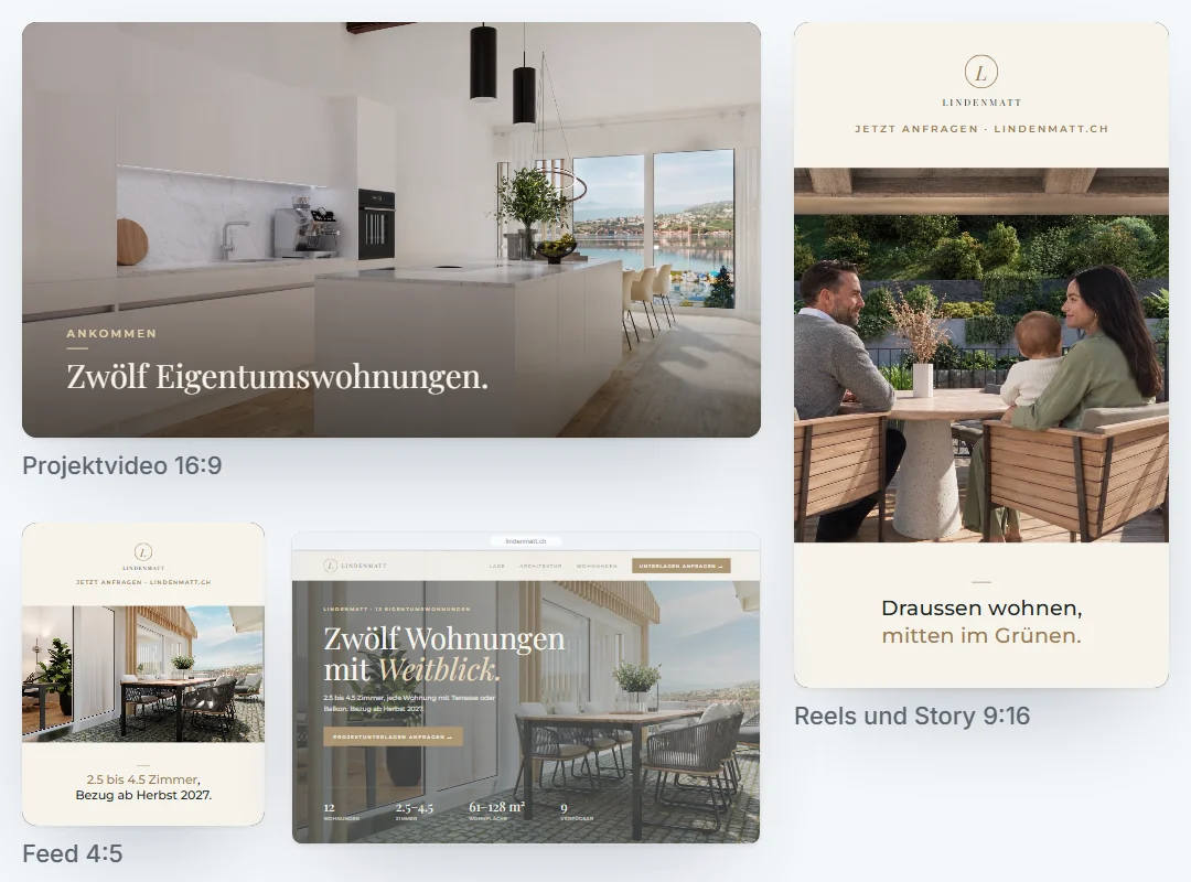 Lieferformate: Projektvideo 16:9, Kurzvideo 9:16, Feed-Anzeige 4:5 und Landingpage